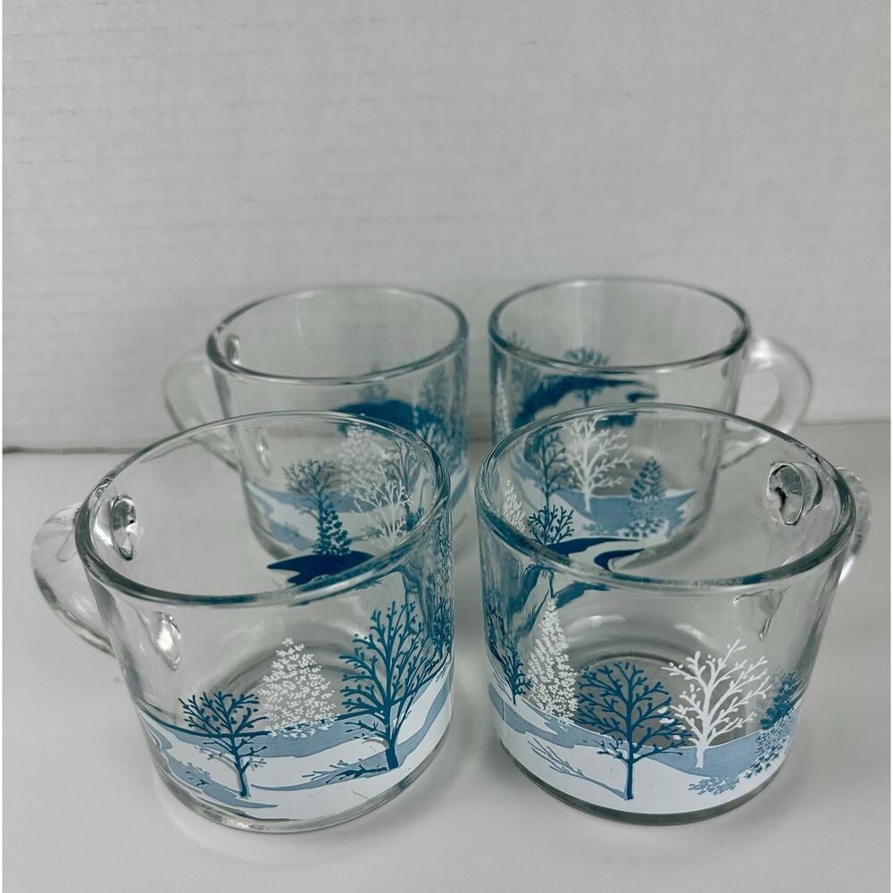 Set of 4 Vintage Winter Scene Glass Mugs Blue White Frosted Trees Hot Cocoa Cups